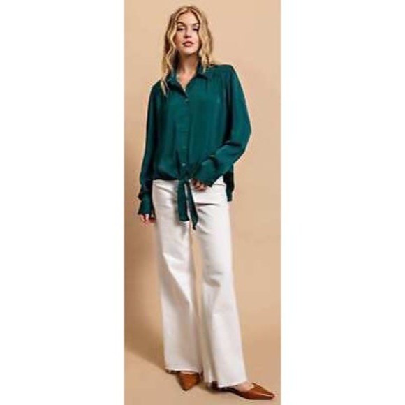 New Gigio Size S M Hunter Green Button Up Smocked Shoulder Striped Blouse Top - Picture 3 of 6